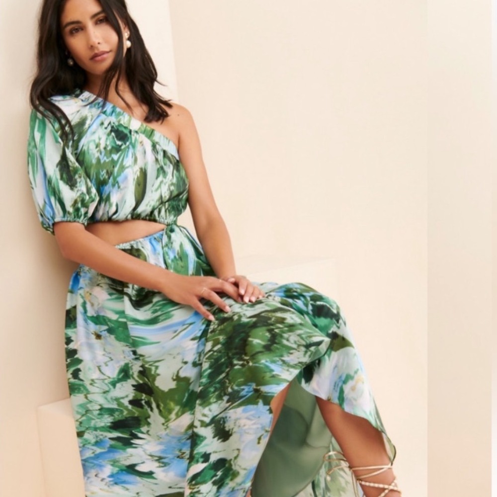 MONIQUE LHUILLIER Satin One Shoulder Cutout Midi Dress Resort Tropical Wed Sz 10
